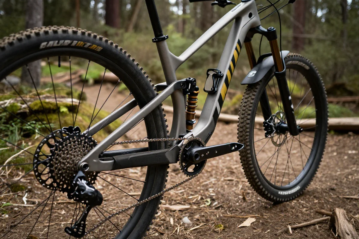 Rower górski na szlaku MTB z detalami ramy i osprzętu.