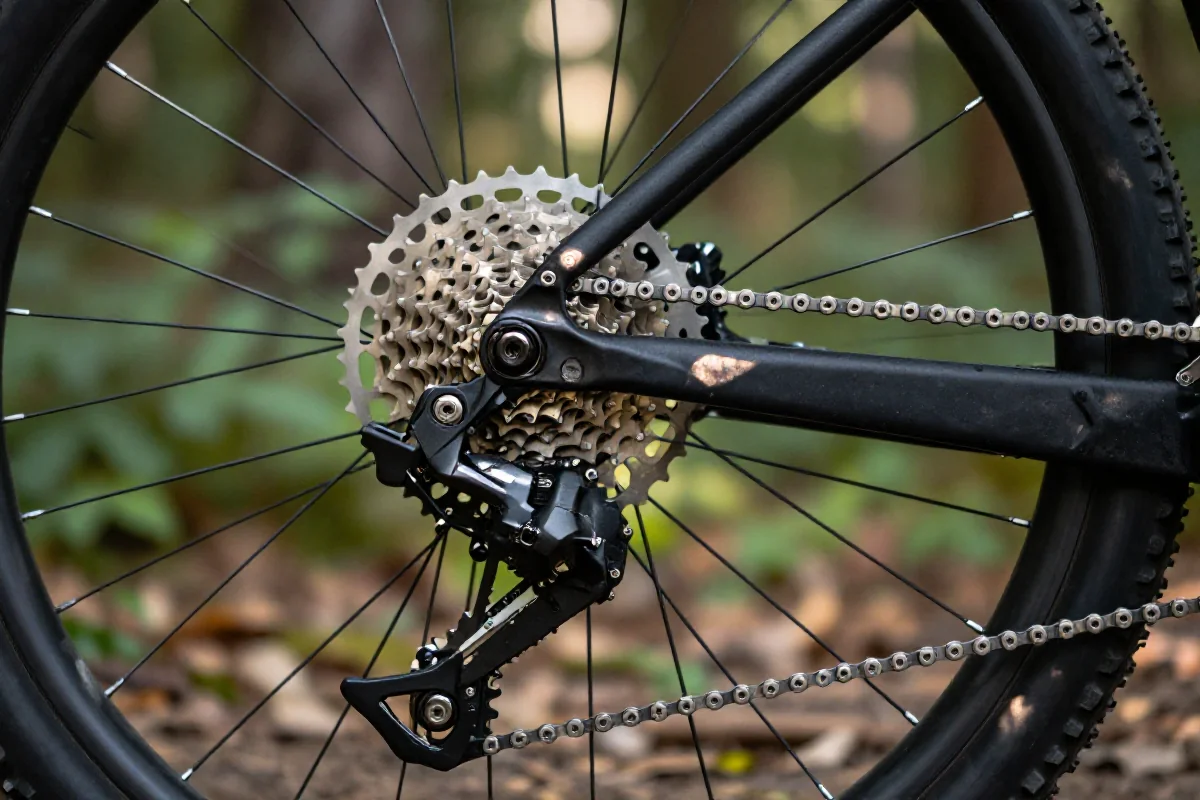 Szczegóły systemu przerzutek roweru górskiego w lesie.