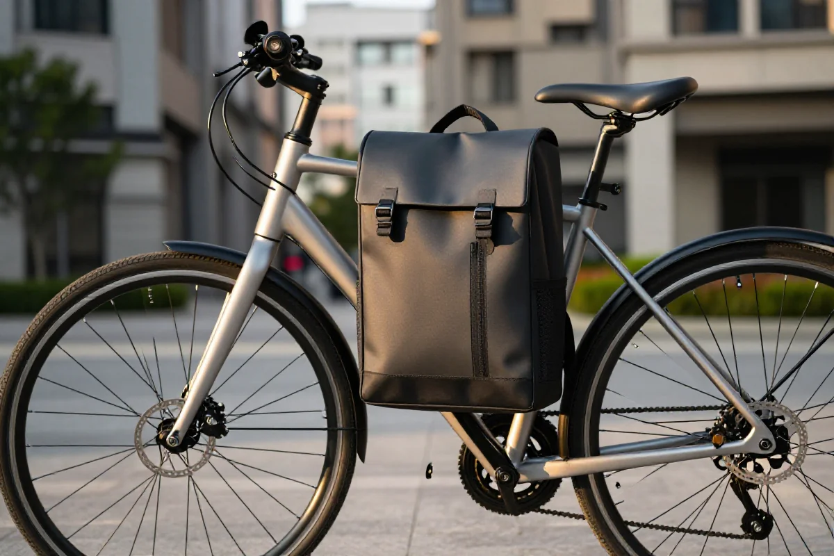 Plecak na laptopa na rowerze miejskim, idealny do codziennych dojazdów.