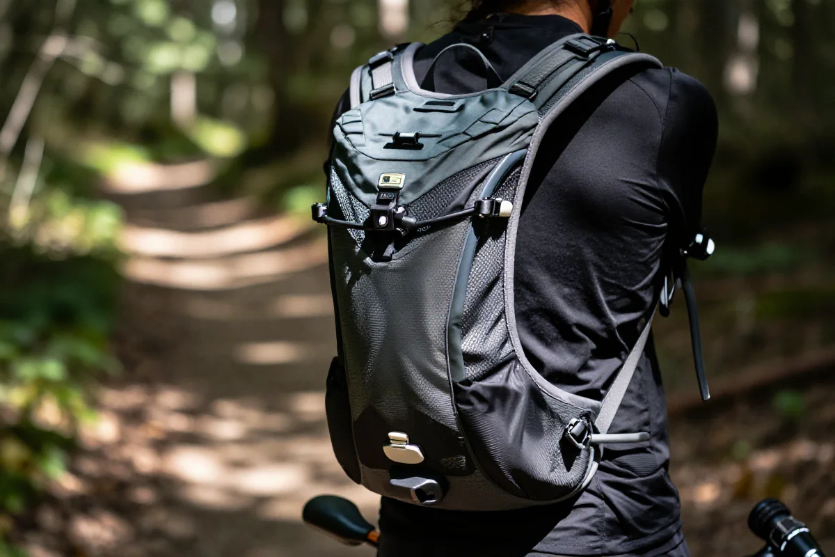 Plecak hydratacyjny MTB w naturalnym otoczeniu, idealny do jazdy górskiej.