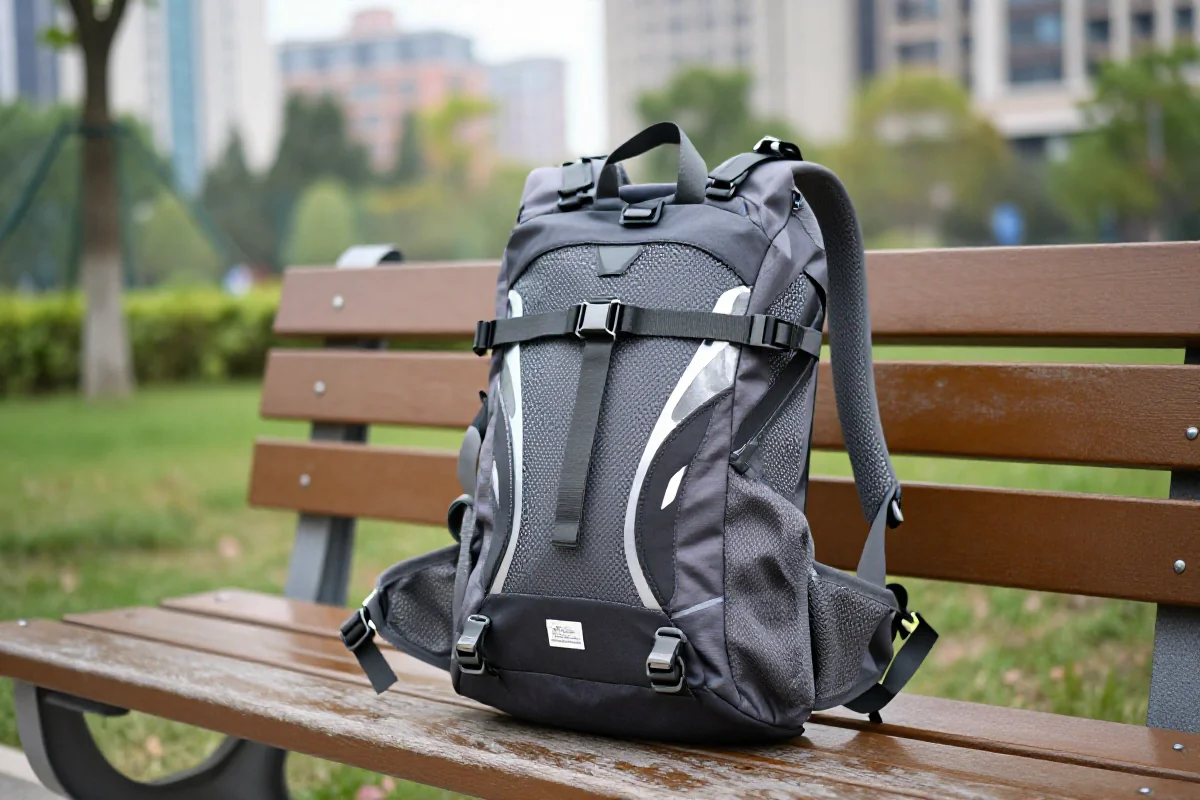 Plecak rowerowy na ławce w parku miejskim, podkreślający jego funkcjonalność.