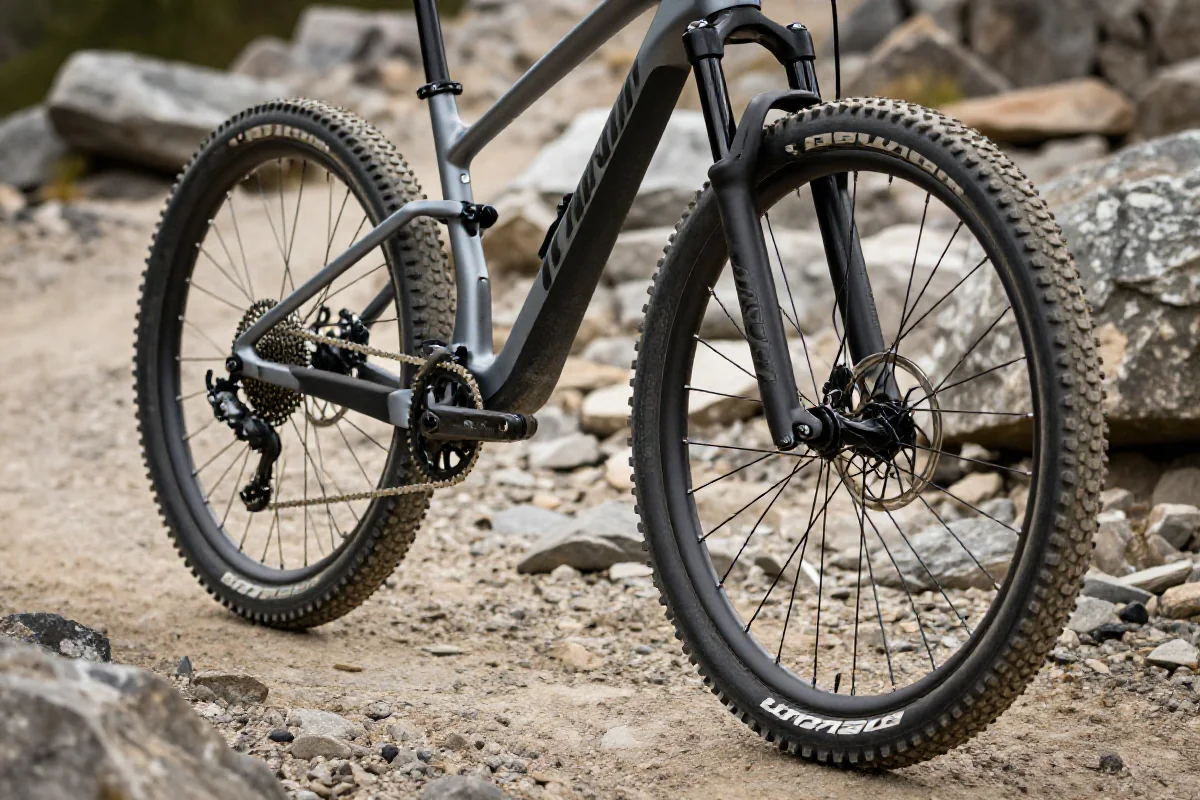 Rower górski z szerokimi oponami na kamienistej ścieżce, ukazujący nowoczesny design.