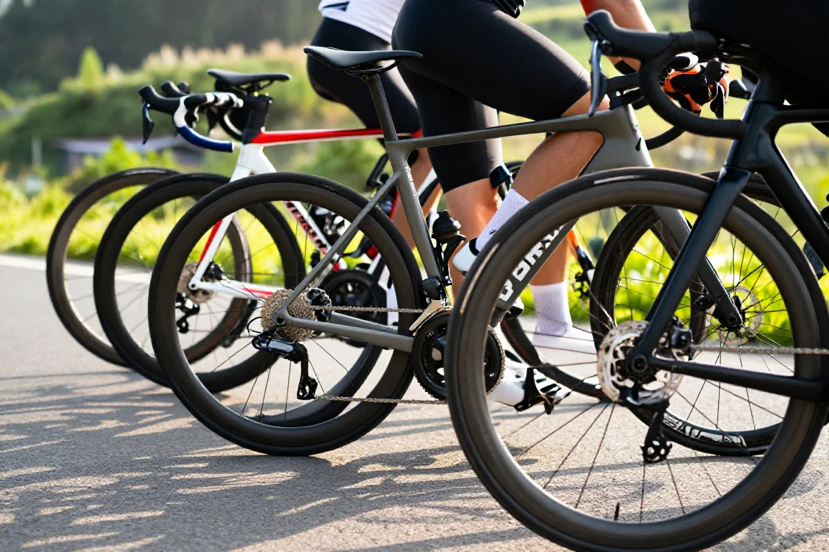 Grupa rowerów szosowych w formacji paceline na słonecznej drodze.