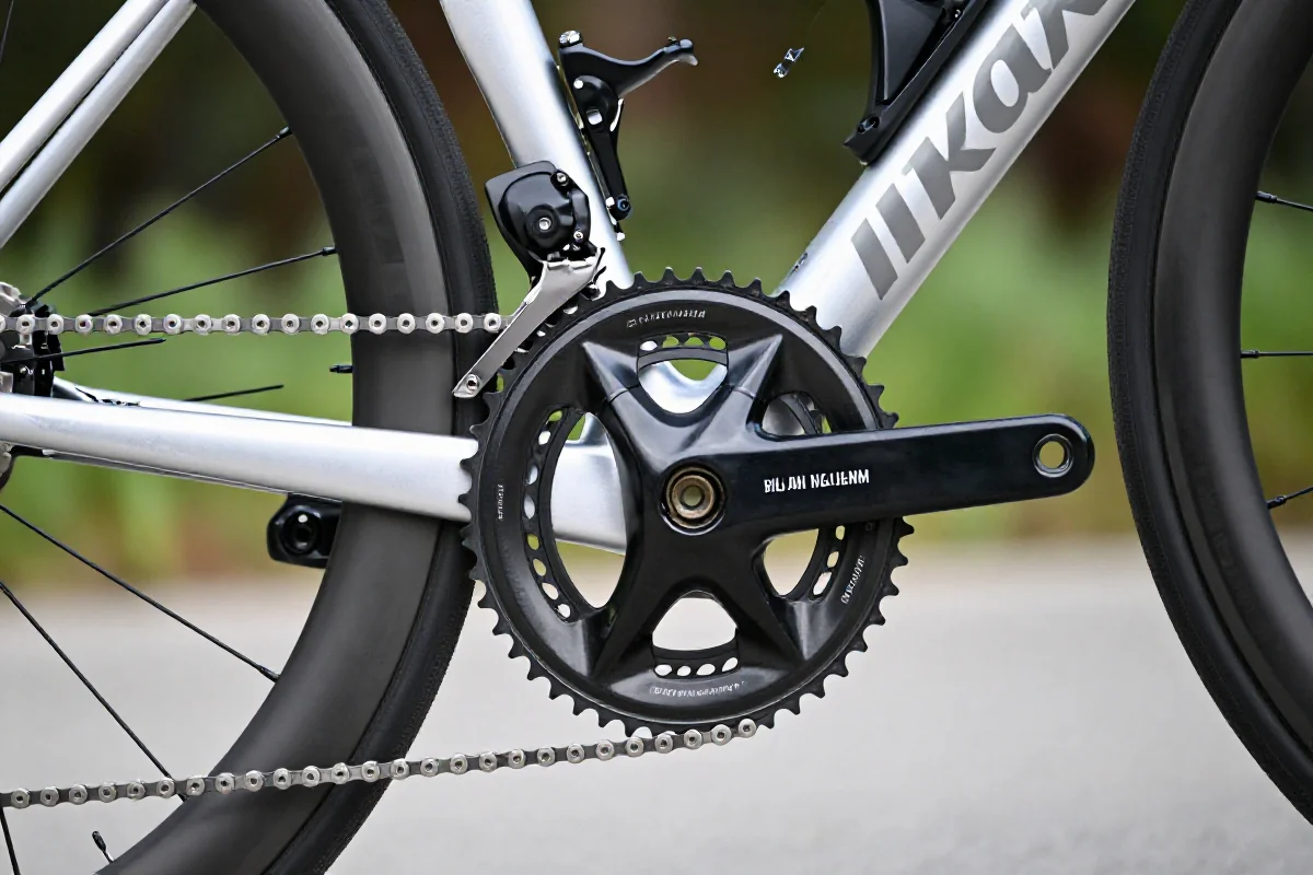 Szczegóły systemu pedałów roweru szosowego, podkreślające płynność pedałowania.