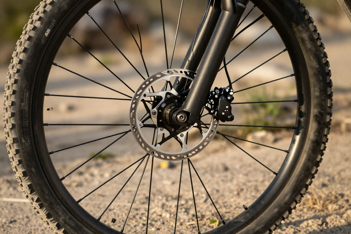 Szczegóły tylnego koła roweru górskiego z systemem hamulcowym na szlaku.