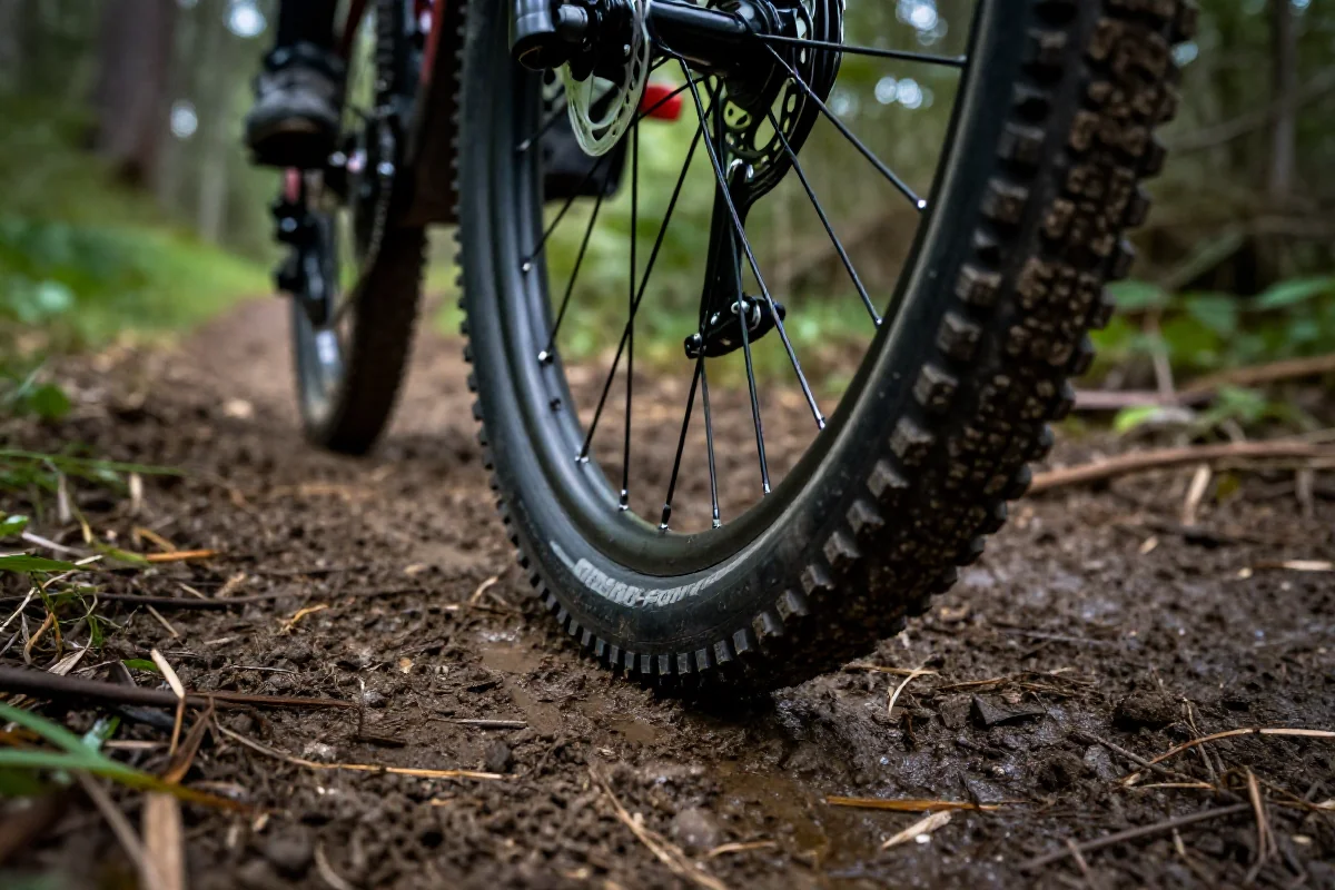 Opona roweru górskiego w płytkim błocie na leśnej trasie