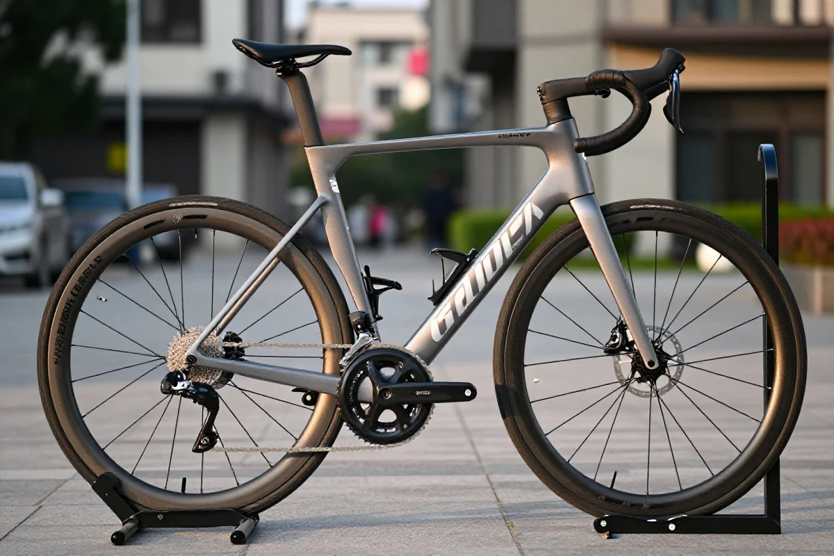 Wysokiej jakości rower szosowy przypięty na parkingu rowerowym w mieście.