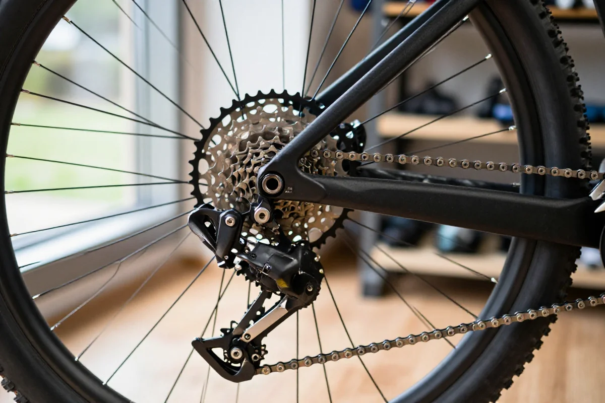 Szczegółowy widok mechanizmu roweru górskiego, zębatki i łańcucha.