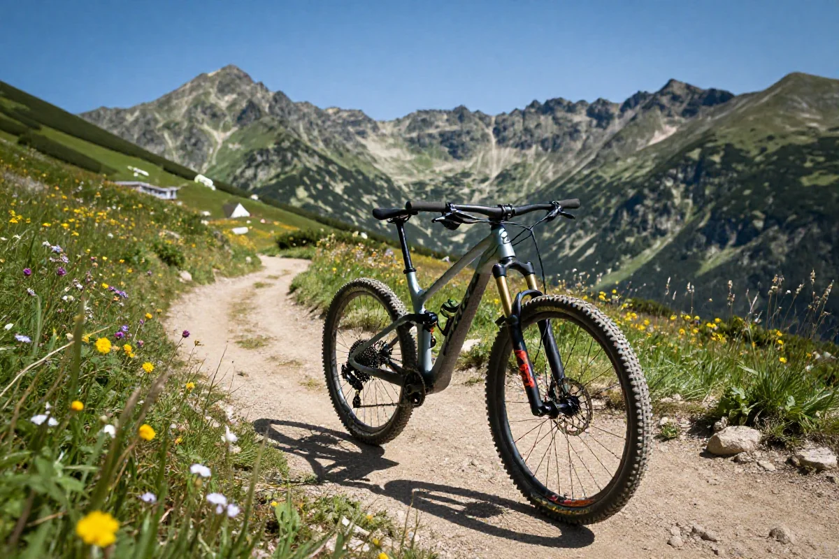 Rower górski na szlaku MTB w Podhalu, w tle Tatry.
