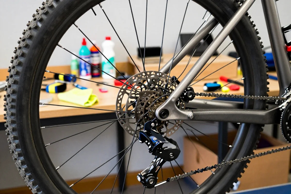Zbliżenie na rower górski w warsztacie, pokazujące detale konserwacji roweru.
