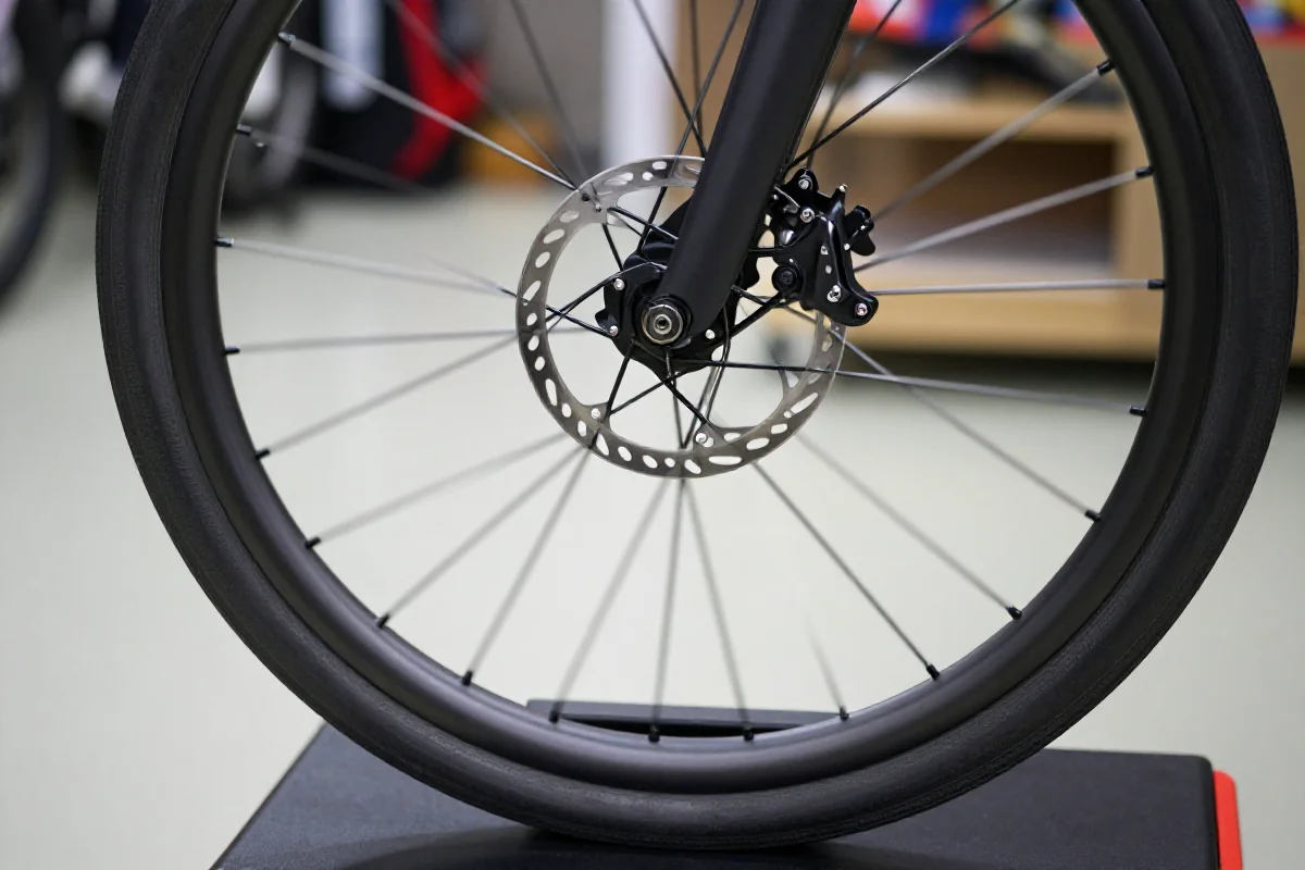 Zbliżenie na koło rowerowe w serwisie, pokazujące detale i konserwację.