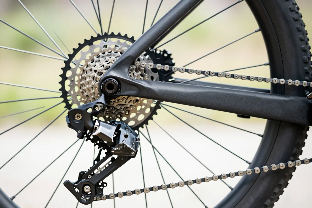 Zbliżenie na napęd roweru górskiego, czysty i zadbany, idealny do konserwacji MTB.