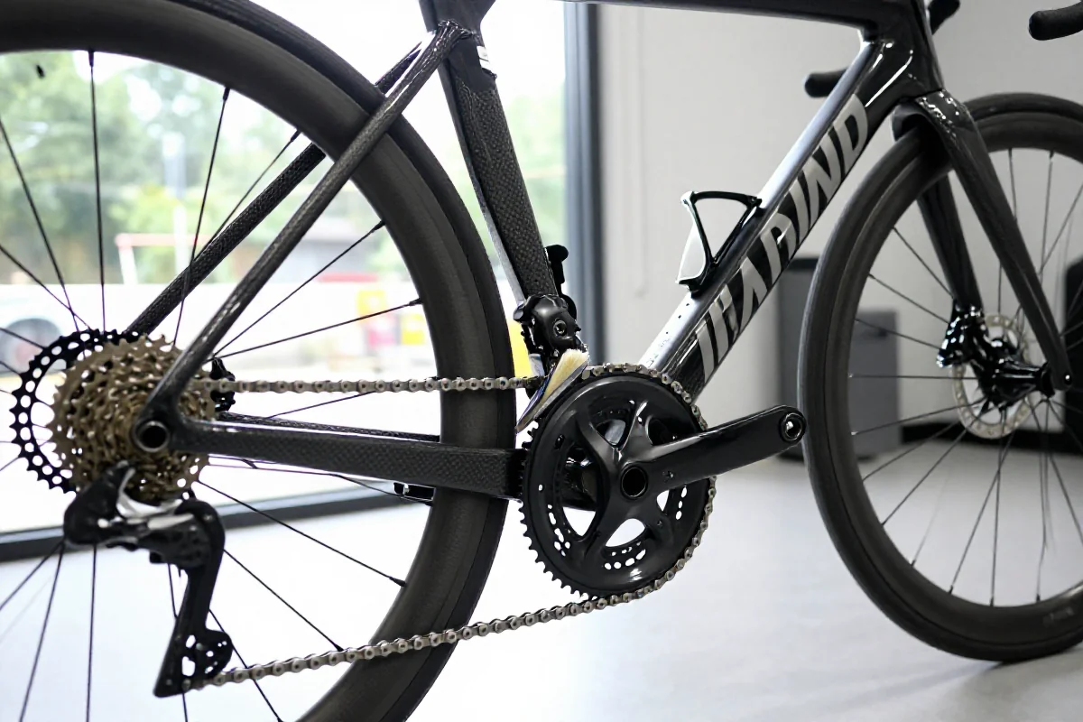 Czyszczenie roweru szosowego w garażu, detal ramy i komponentów