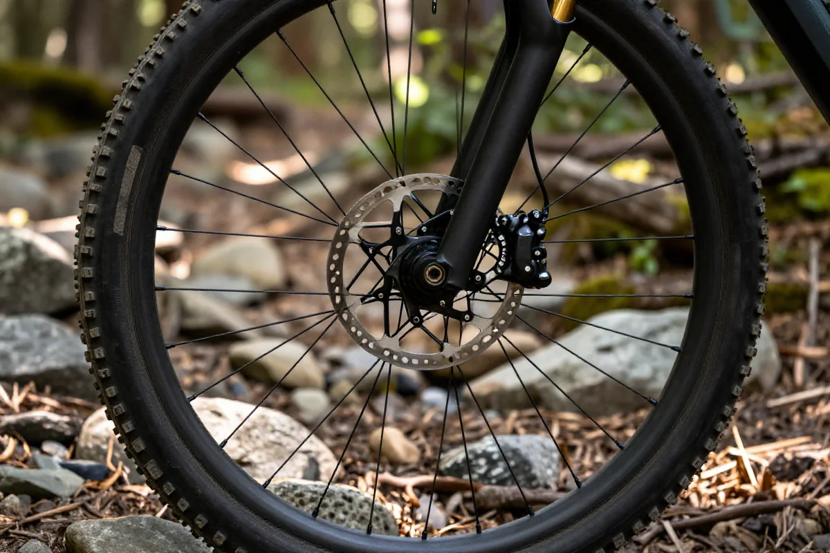 Szczegóły hamulców tarczowych w nowoczesnym rowerze górskim na szlaku