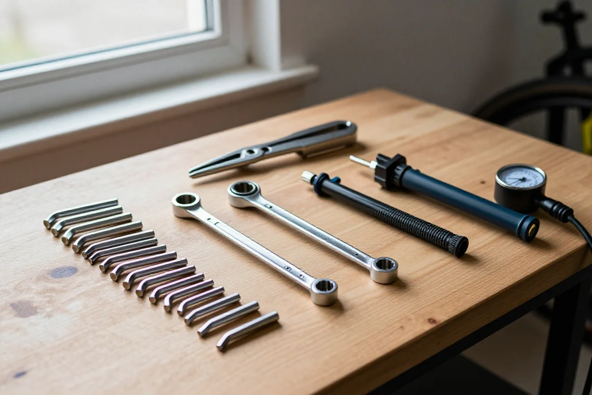 Zestaw narzędzi do serwisowania rowerów elektrycznych na drewnianym blacie.