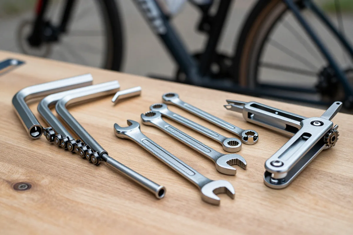 Narzędzia do serwisu roweru, klucze imbusowe i płaskie na stole warsztatowym.
