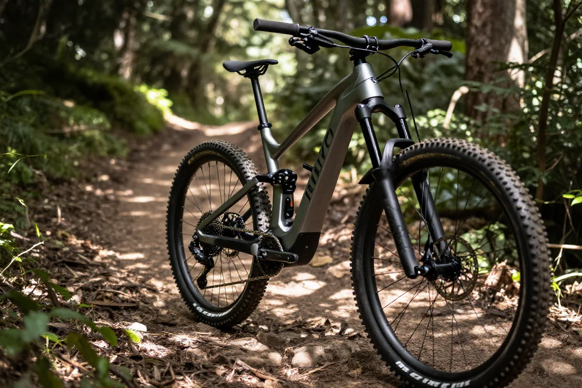 Elektryczny rower górski na leśnej ścieżce, ukazujący szczegóły e-MTB.