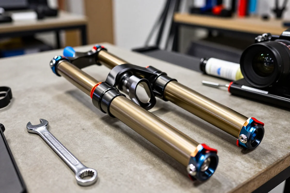 Serwis amortyzatora MTB na stole warsztatowym z narzędziami i częściami