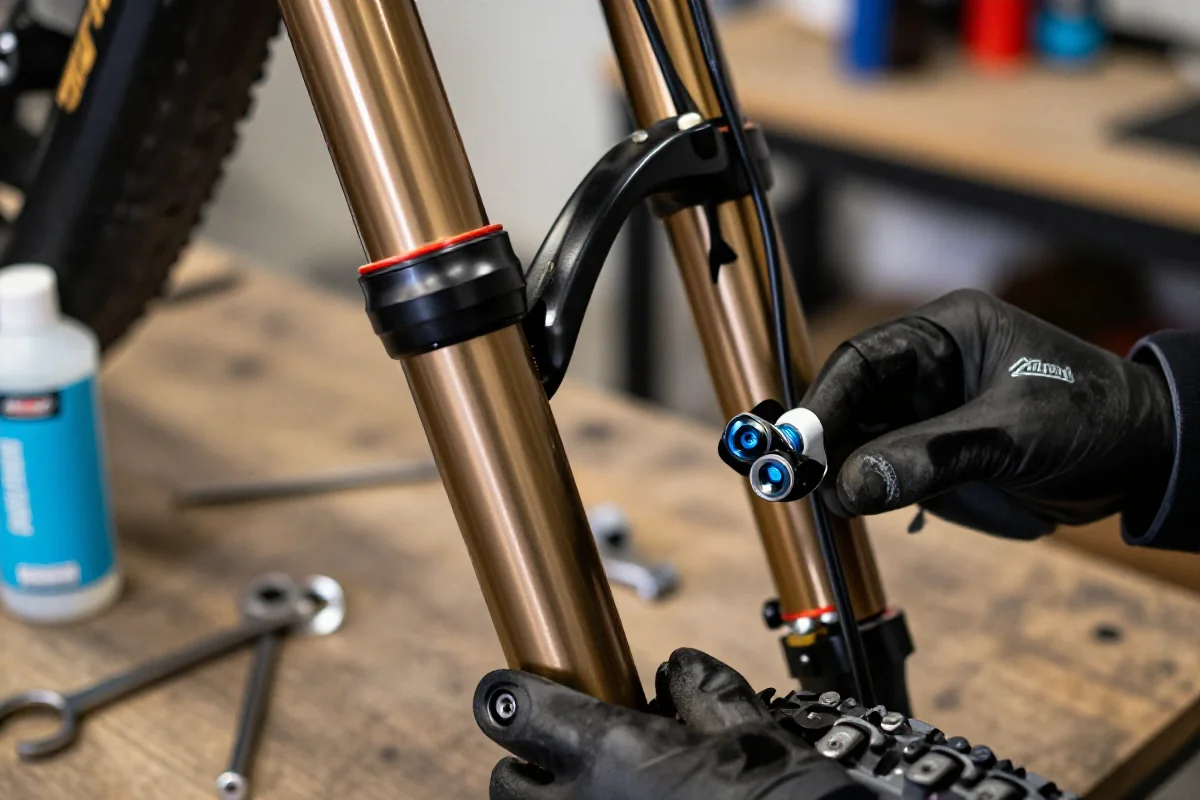 Serwis niższy widelca MTB w warsztacie, z bliska na elementy widelca.