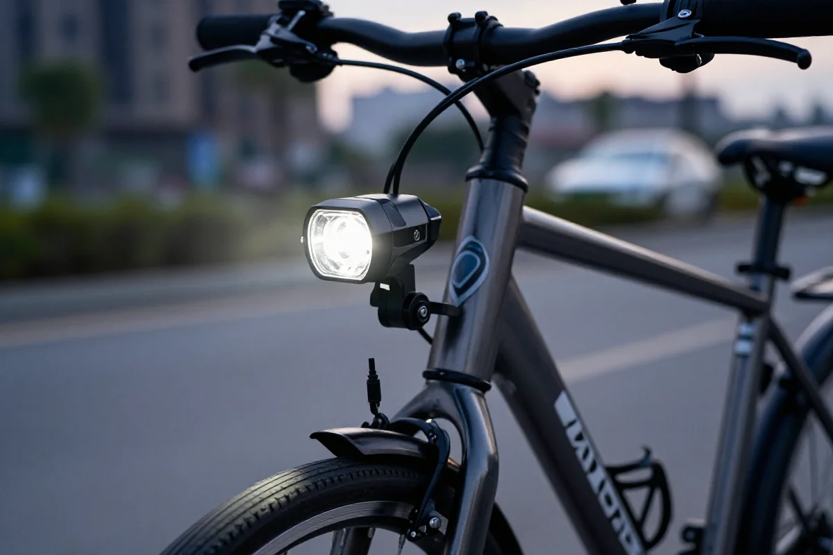 Podstawowy zestaw oświetlenia rowerowego na miejskim rowerze w zmierzchu.