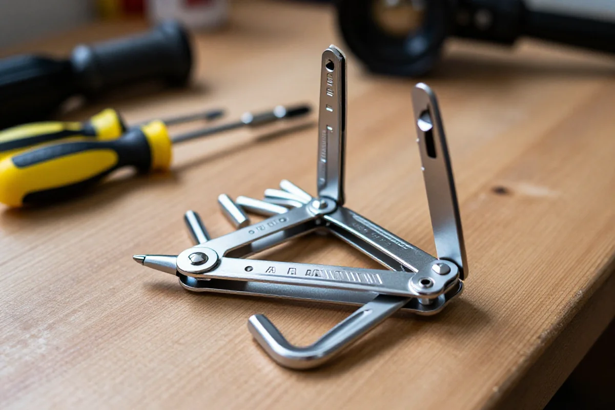 Wysokiej jakości klucz wielofunkcyjny do roweru na drewnianym warsztacie.