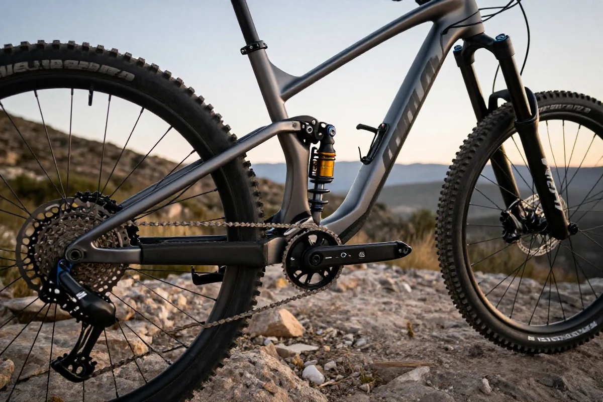 Szczegóły roweru górskiego na skalistej nawierzchni, techniki jazdy MTB.