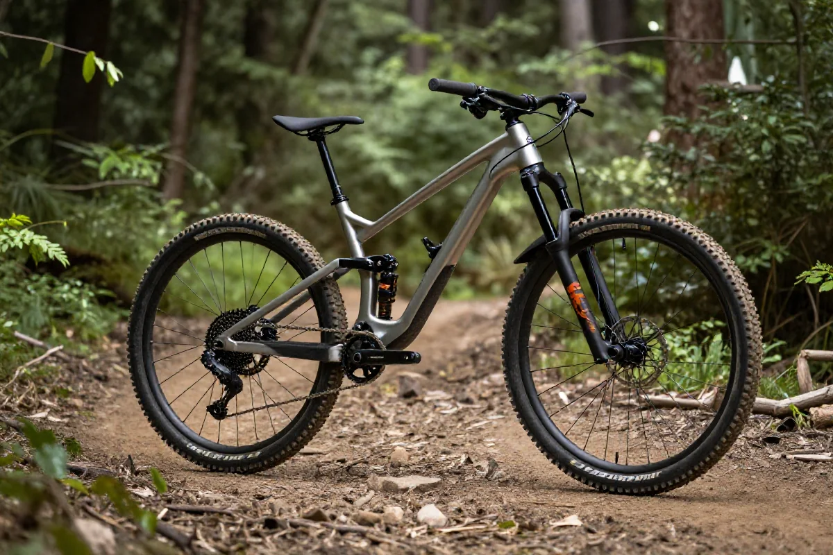 Rower górski na szlaku, detale ramy i kół w lesie.