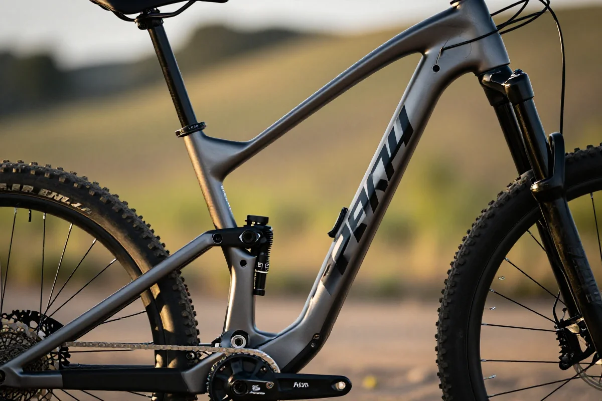 Szczegóły geometrii ramy roweru MTB w naturalnym otoczeniu.