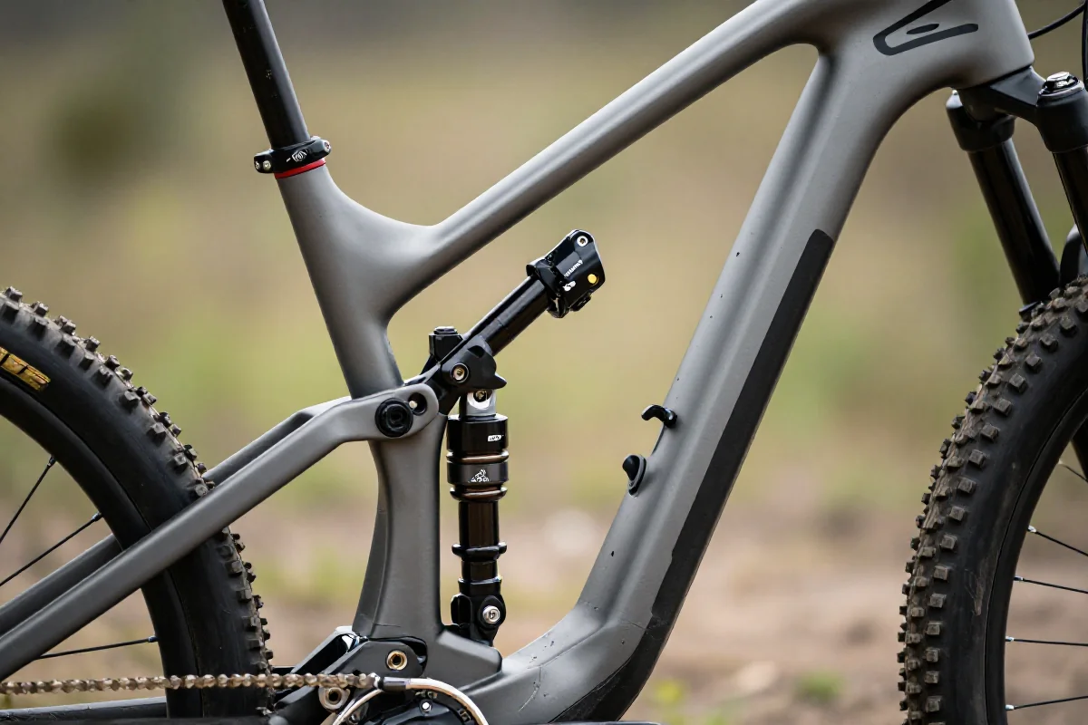 Rama roweru górskiego z geometrią i zawieszeniem w naturalnym świetle.