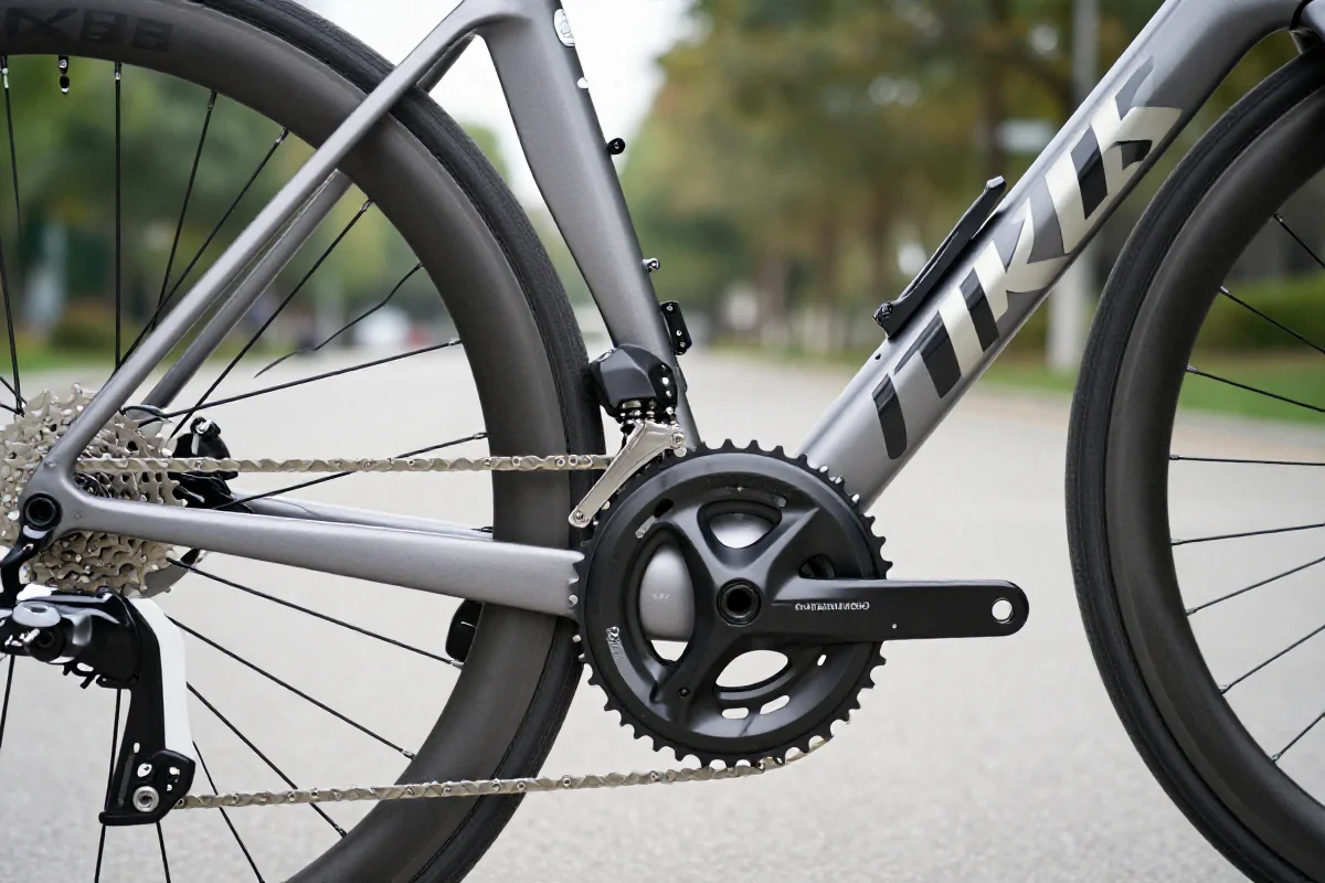 Szczegóły roweru szosowego z systemem przerzutek i hamulców.