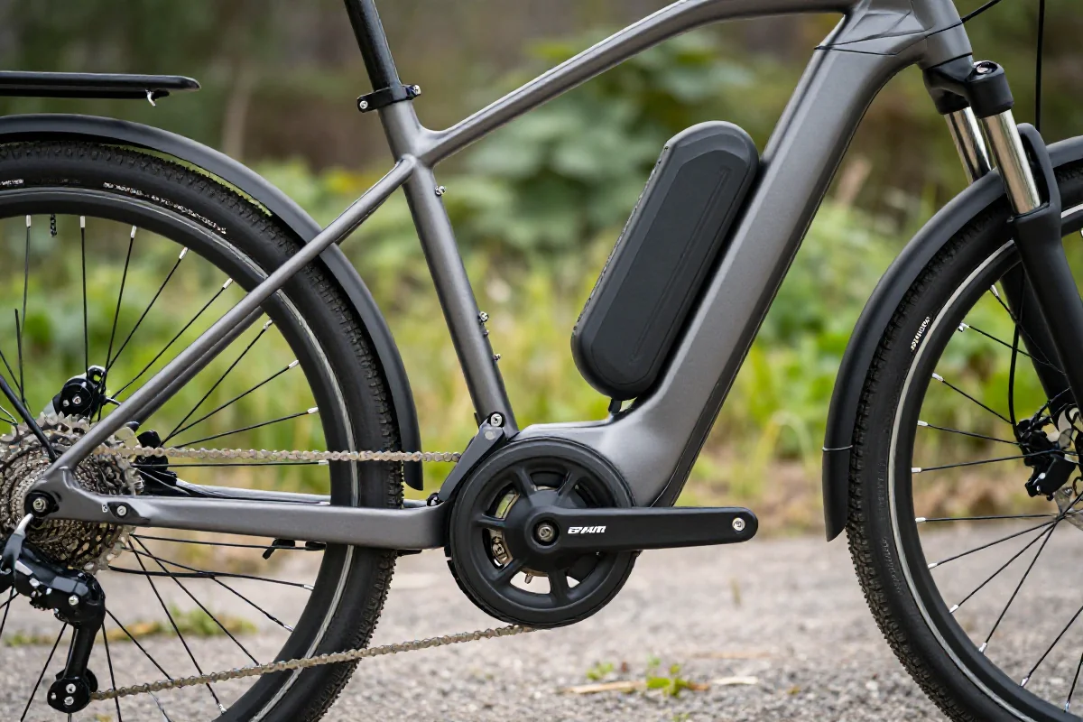 Zbliżenie na komponenty roweru elektrycznego, w tym silnik i akumulator.