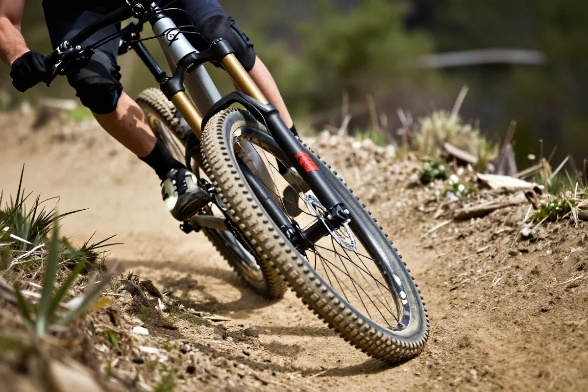 Rower górski pokonujący berm na trasie MTB w lesie