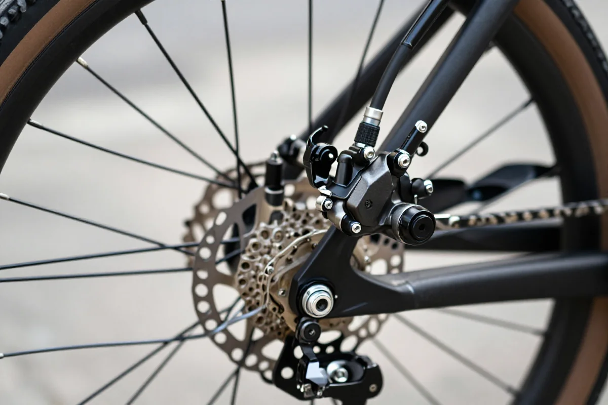 Bliskie ujęcie systemu hamulców hydraulicznych w rowerze miejskim.