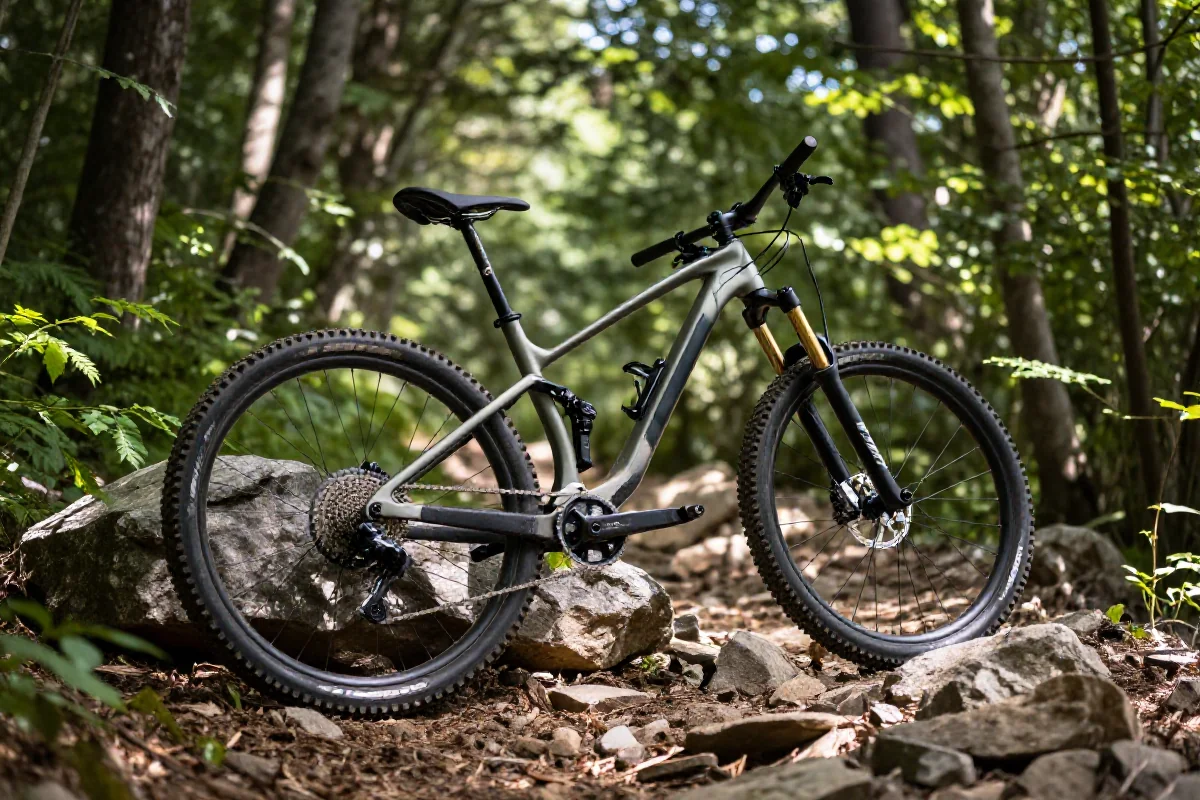 Rower górski na tle leśnego szlaku, przedstawiający szczegóły techniczne.