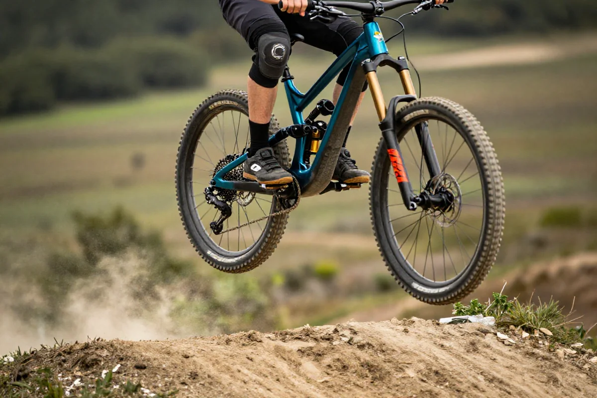 Rower górski w powietrzu nad skocznią w naturalnym otoczeniu