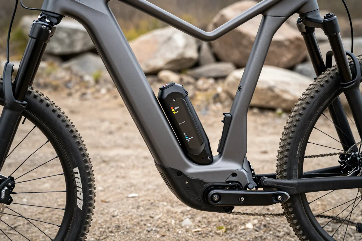Nowoczesna bateria e-MTB na ramie roweru elektrycznego w terenie