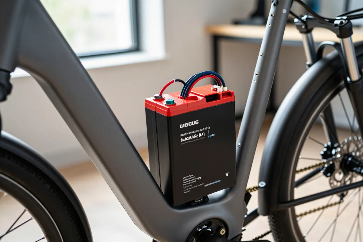 Bateria litowo-jonowa roweru elektrycznego z detalami technicznymi.