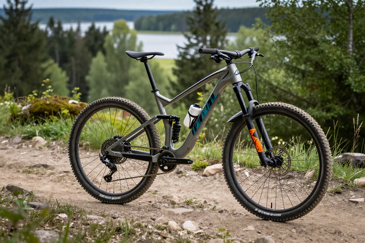 Rower górski na szlaku MTB w regionie Mazur, idealny dla entuzjastów jazdy terenowej.