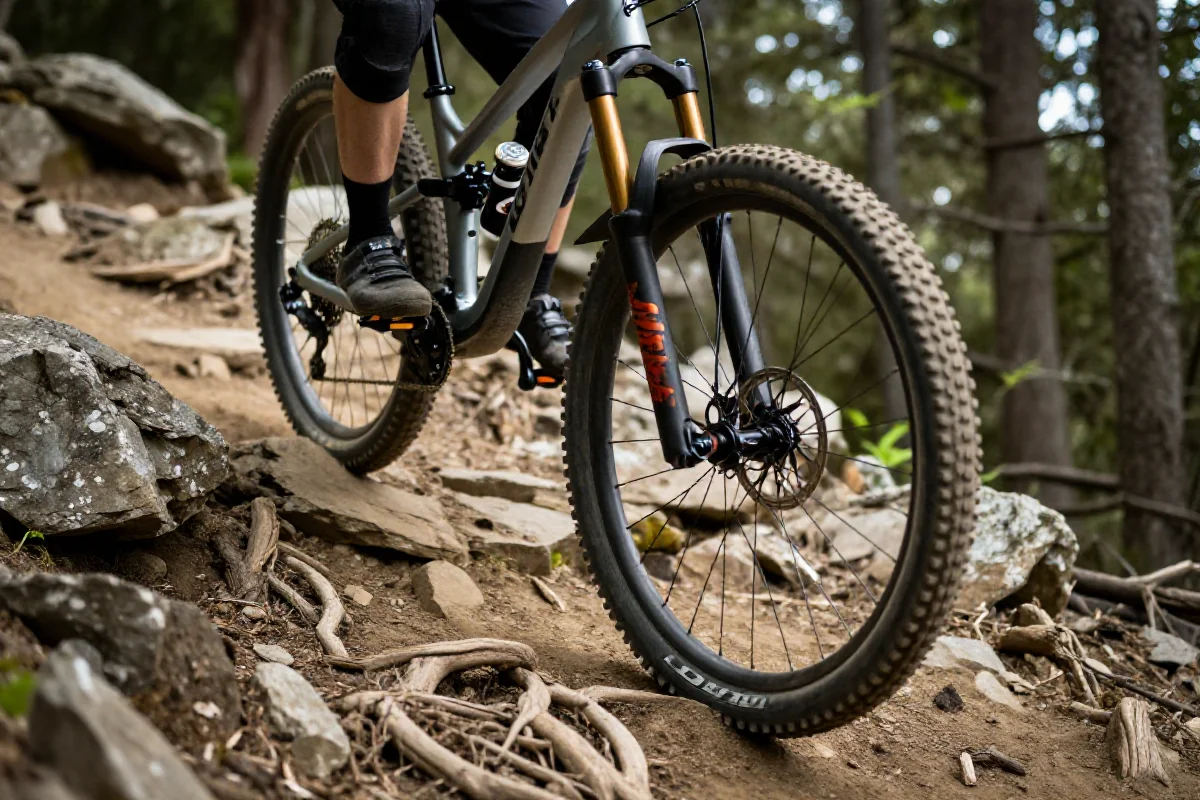 Rower górski pokonujący przeszkody na technicznym podjeździe.