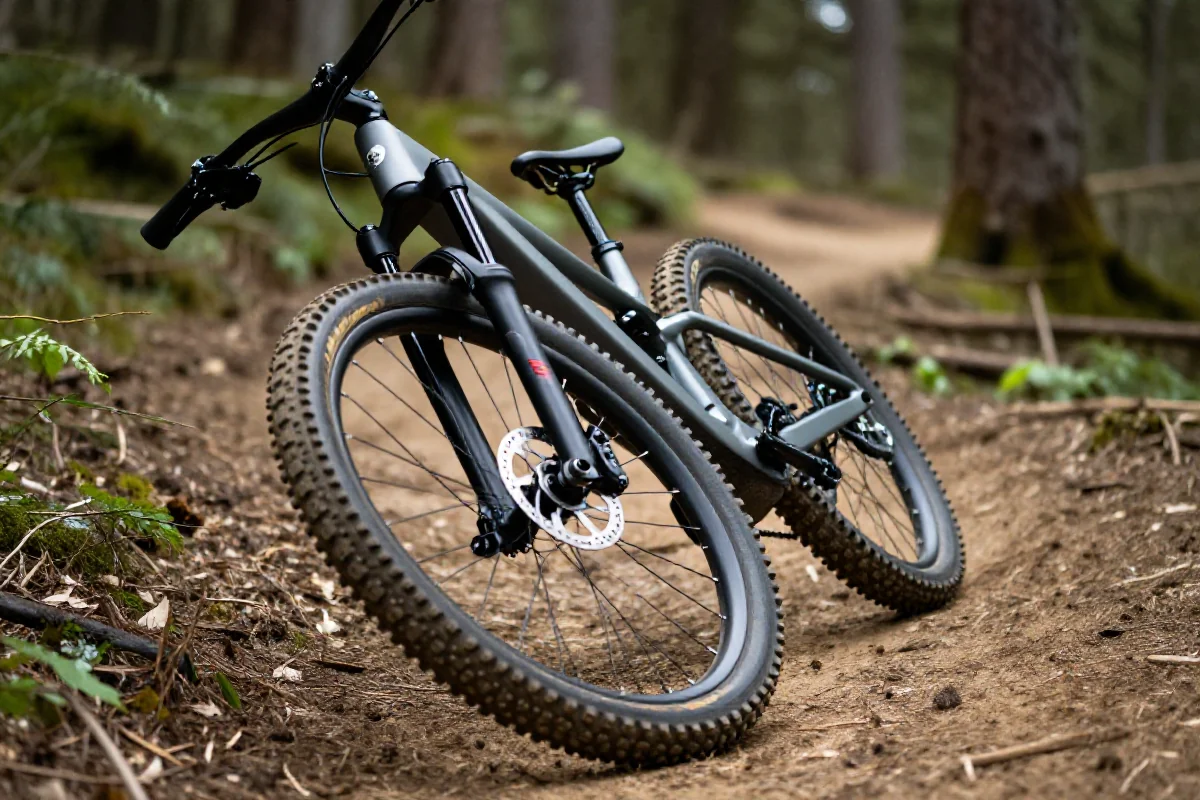 E-bike pokonujący zakręt na leśnej ścieżce, dynamiczna jazda, technika skrętu