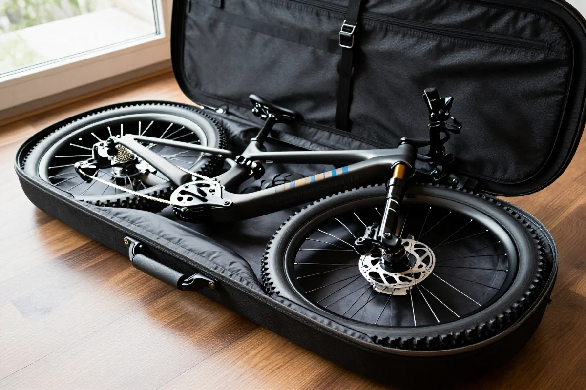 Wysokiej jakości pokrowiec rowerowy z zabezpieczonym rowerem górskim w środku.