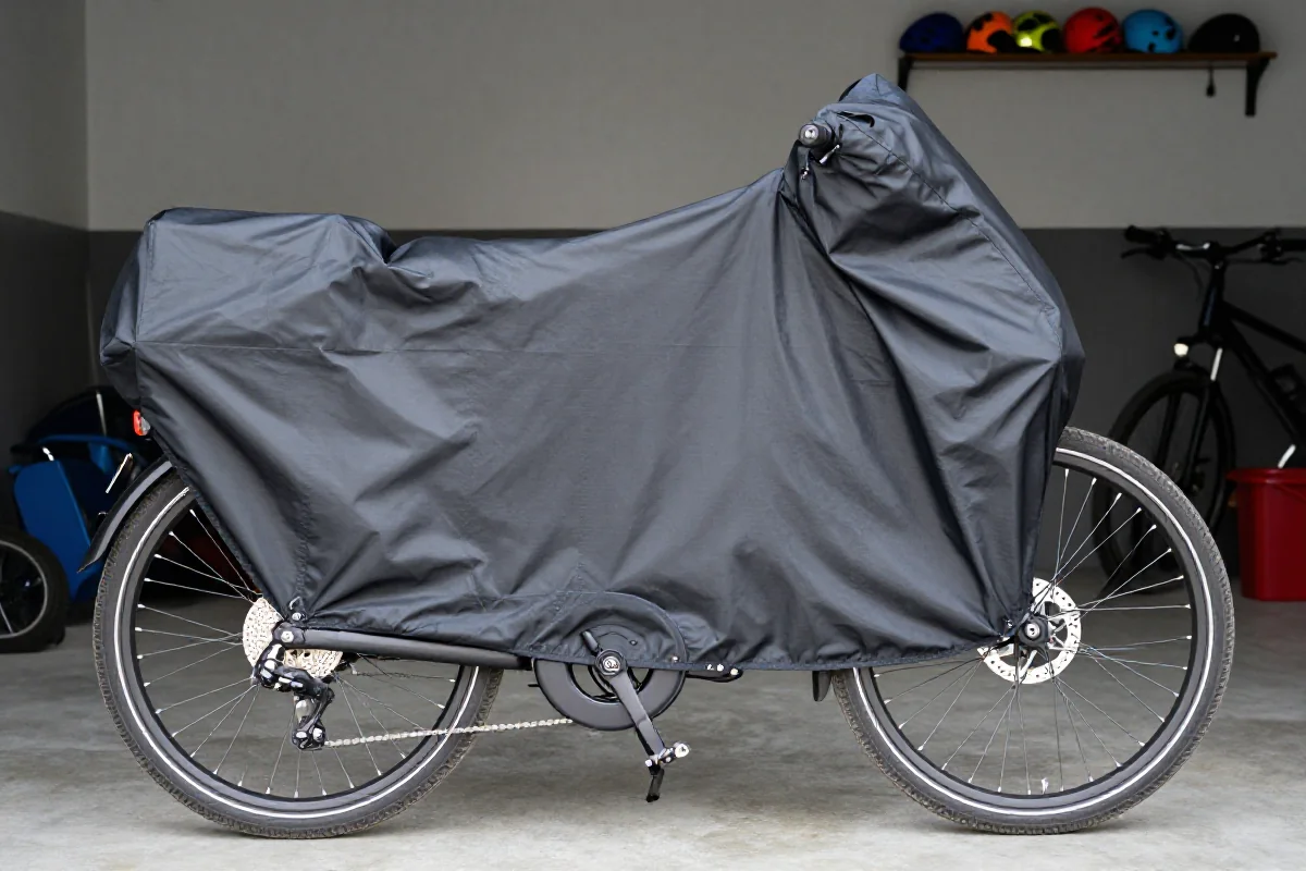 Pokrowiec ochronny na rower elektryczny w garażu, zapewniający ochronę przed kurzem.