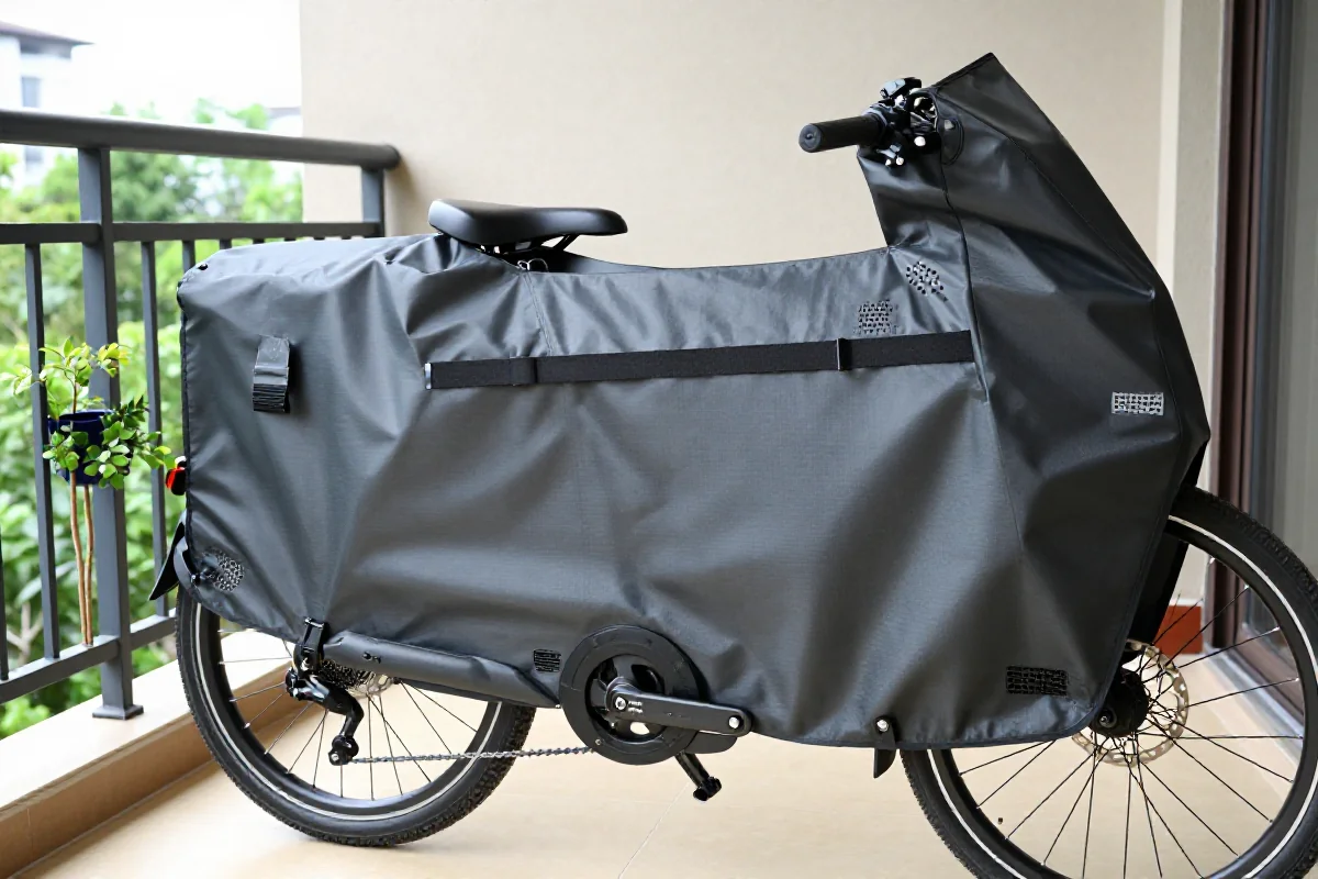 Pokrowiec na e-bike na balkonie, chroniący rower elektryczny przed warunkami atmosferycznymi.