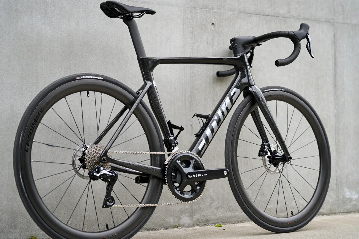 Zbliżenie na ramę roweru szosowego z włókna węglowego, idealne do treningu.