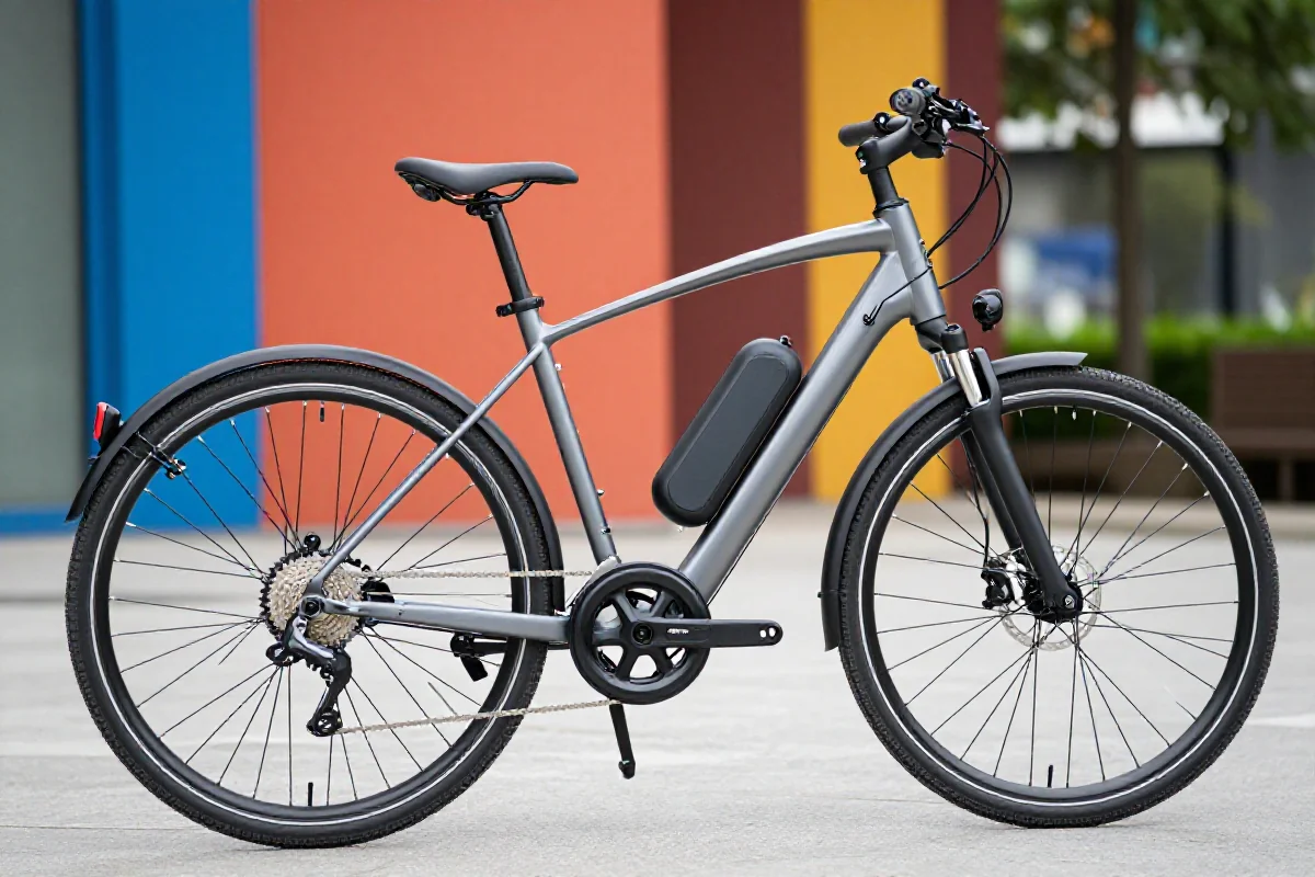 Nowoczesny rower elektryczny w miejskim otoczeniu, z widocznymi detalami technicznymi.