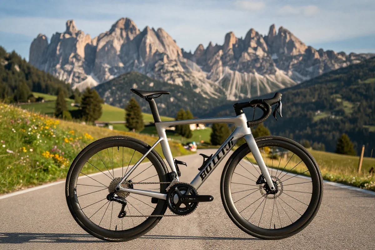 Rower szosowy na drodze w Dolomitach, idealny na trasy rowerowe w Europie.