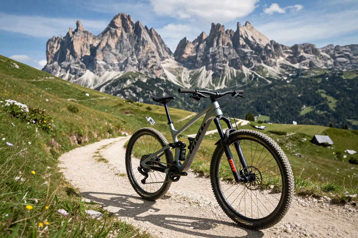 Rower górski na trasie MTB w Dolomitach, Południowy Tyrol, malownicze widoki.