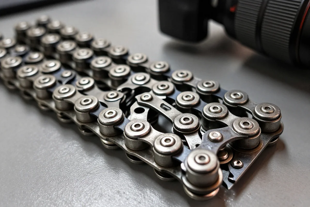 Zużyty łańcuch rowerowy na warsztacie, idealny do pomiaru zużycia.