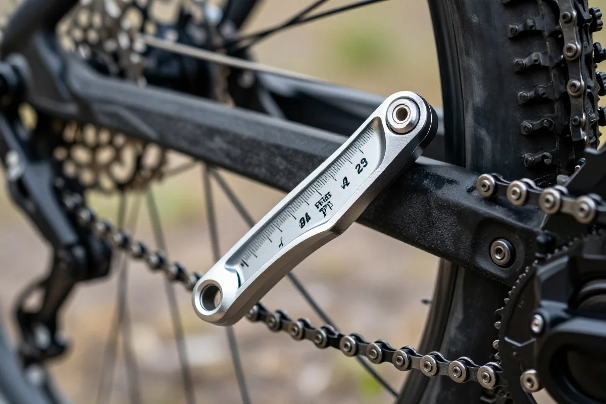 Narzędzie do pomiaru zużycia łańcucha rowerowego na tle łańcucha górskiego.