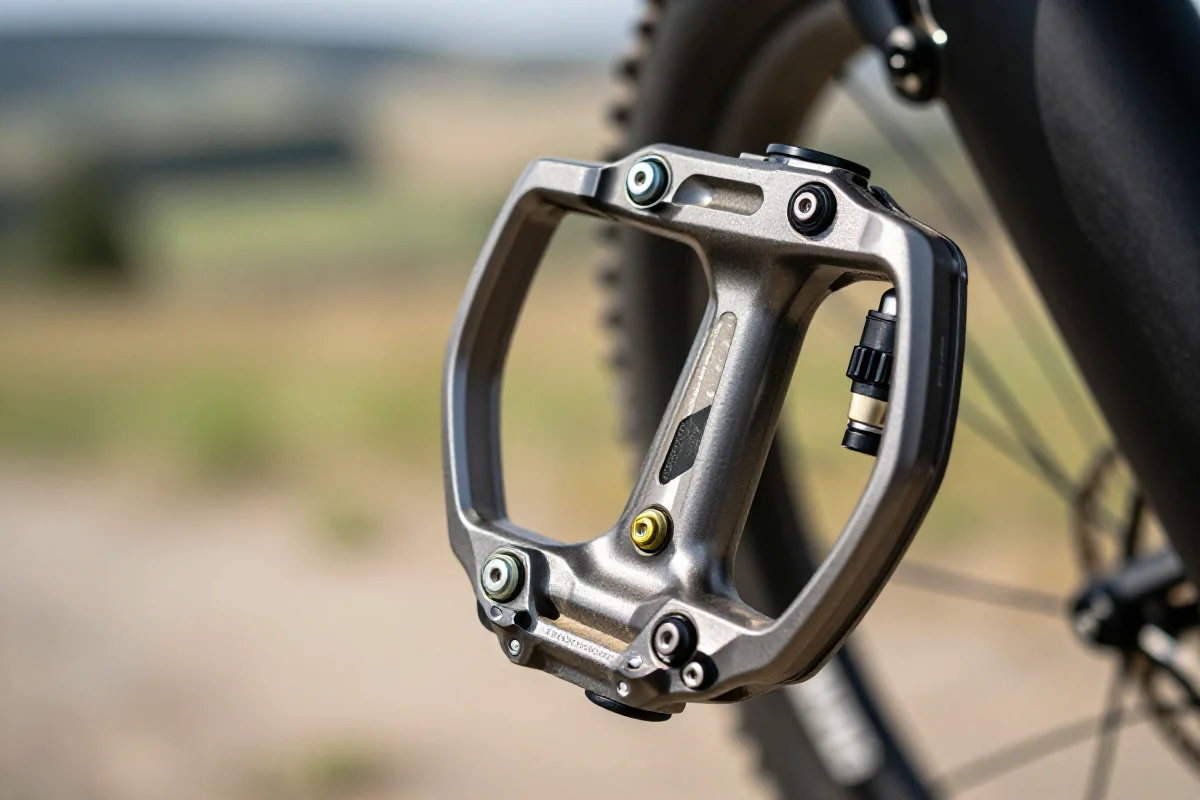 Zbliżenie na pedał roweru górskiego z miernikiem mocy, na tle natury.